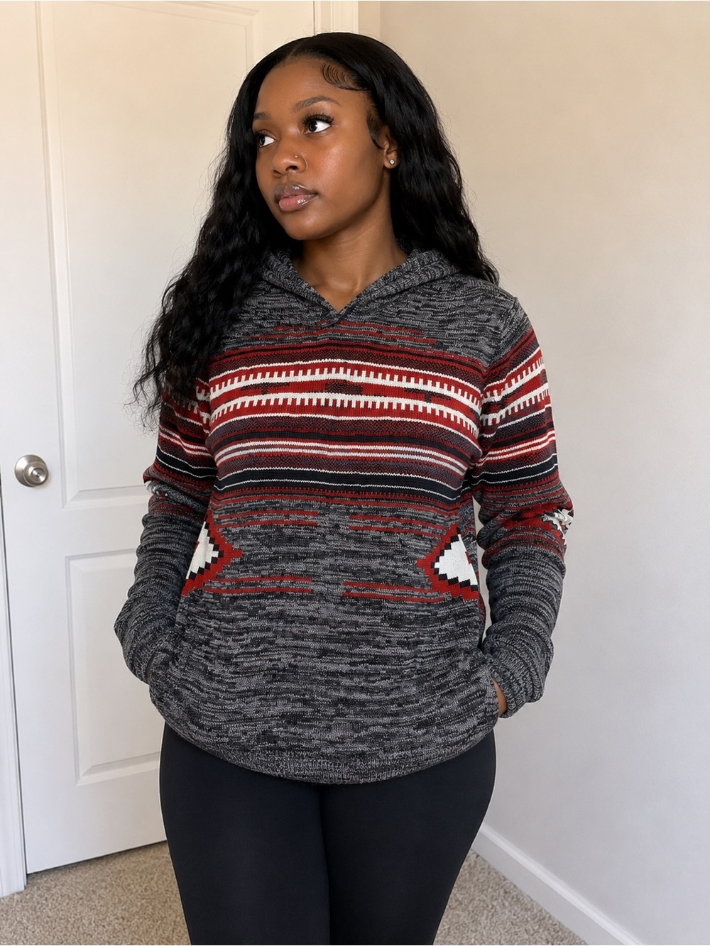 Sun + Stone Charcoal Gray Hoodie with Red & Cream Aztec Stripes